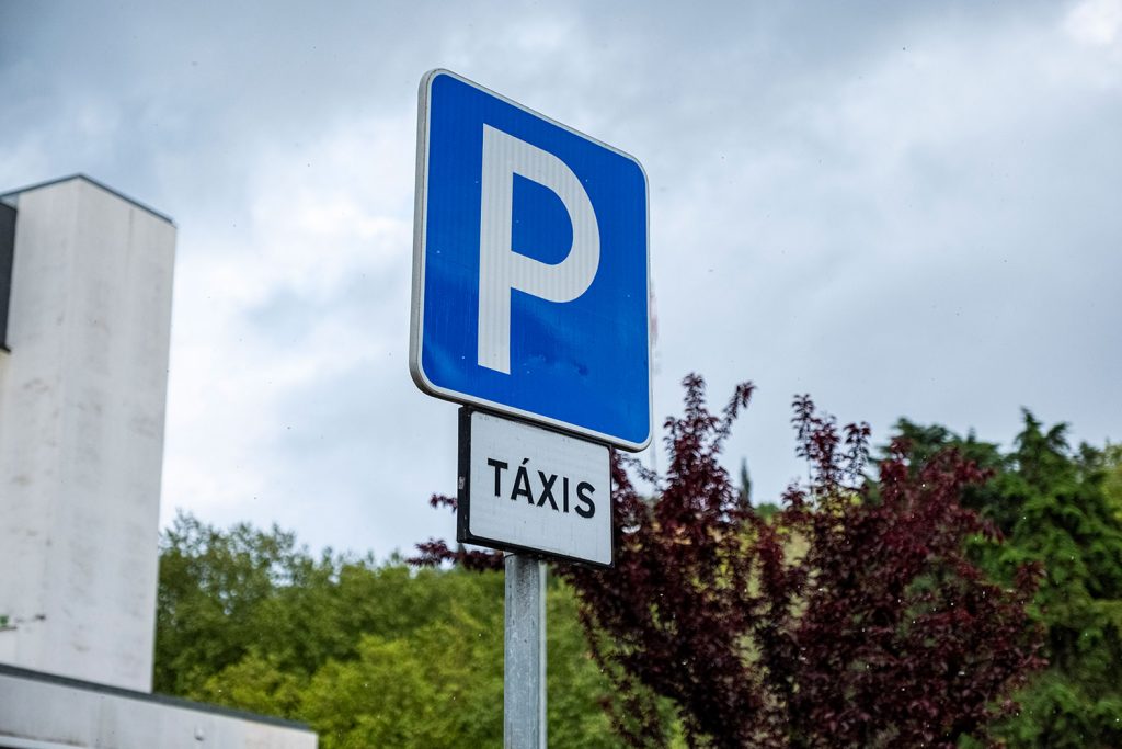 Um sinal azul de estacionamento, com a letra P, está sobre uma placa com a indicação «TÁXIS». Ao fundo veem-se árvores, um edifício e céu nublado.