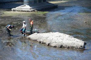 homens limpam rio Lis no centro de Leiria