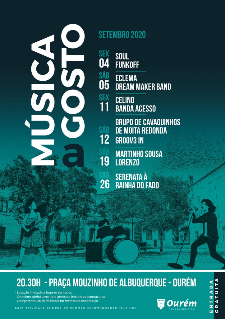 Cartaz da programação «Música a Gosto» para setembro de 2020, na Praça Mouzinho de Albuquerque, em Ourém. Anuncia espetáculos em várias datas e indica lotação limitada e uso obrigatório de máscara.
