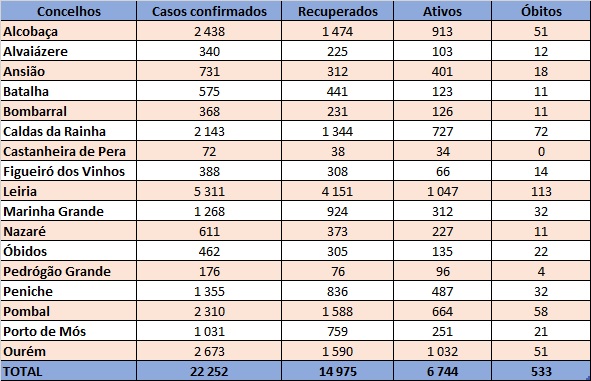 Tabela com casos confirmados, recuperados, ativos e óbitos por concelho. O total apresentado é de 22 252 casos confirmados e 533 óbitos; a imagem não indica a data dos dados.