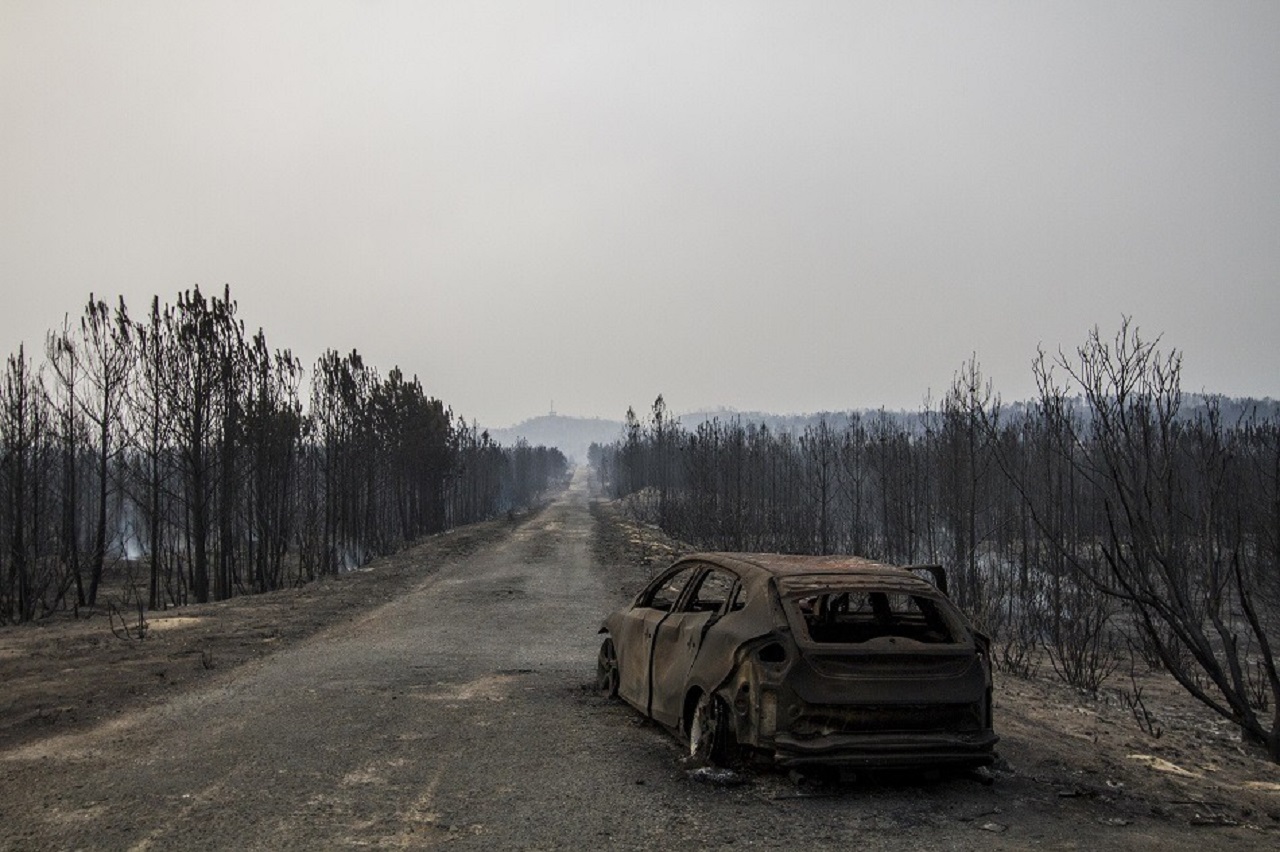 carro carbonizado no incêndio no pinhal de leiria em outubro de 2017