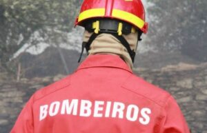 foto de bombeiro de costas em cenário de incêndio