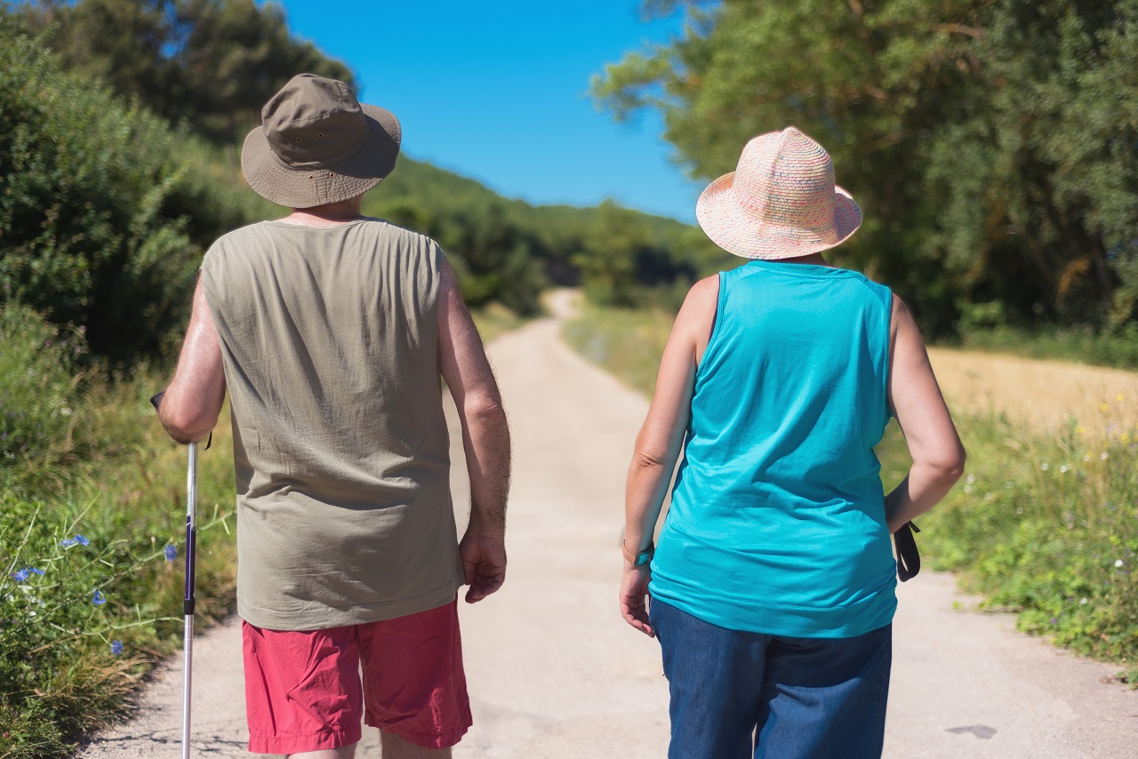 Foto de casal de idosos a passear vistos de costas