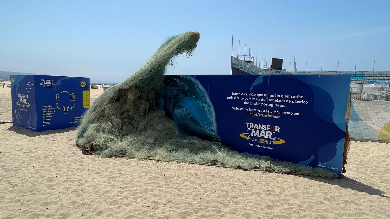 foto da escultura feita com lixo marinho no areal da Nazaré
