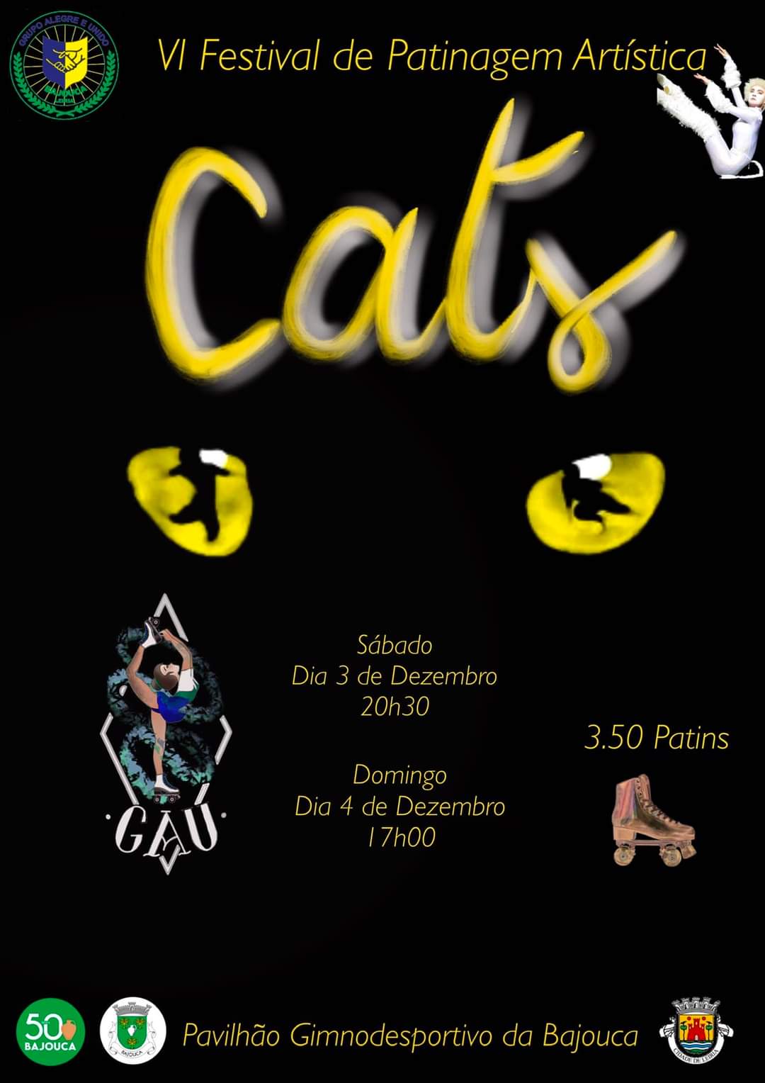 Cartaz do V Festival de Patinagem Artística, intitulado «Cats». Anuncia sessões a 3 de dezembro, às 20h30, e a 4 de dezembro, às 17h00, no Pavilhão Gimnodesportivo da Bajouca, com entrada a 3,50 patins.