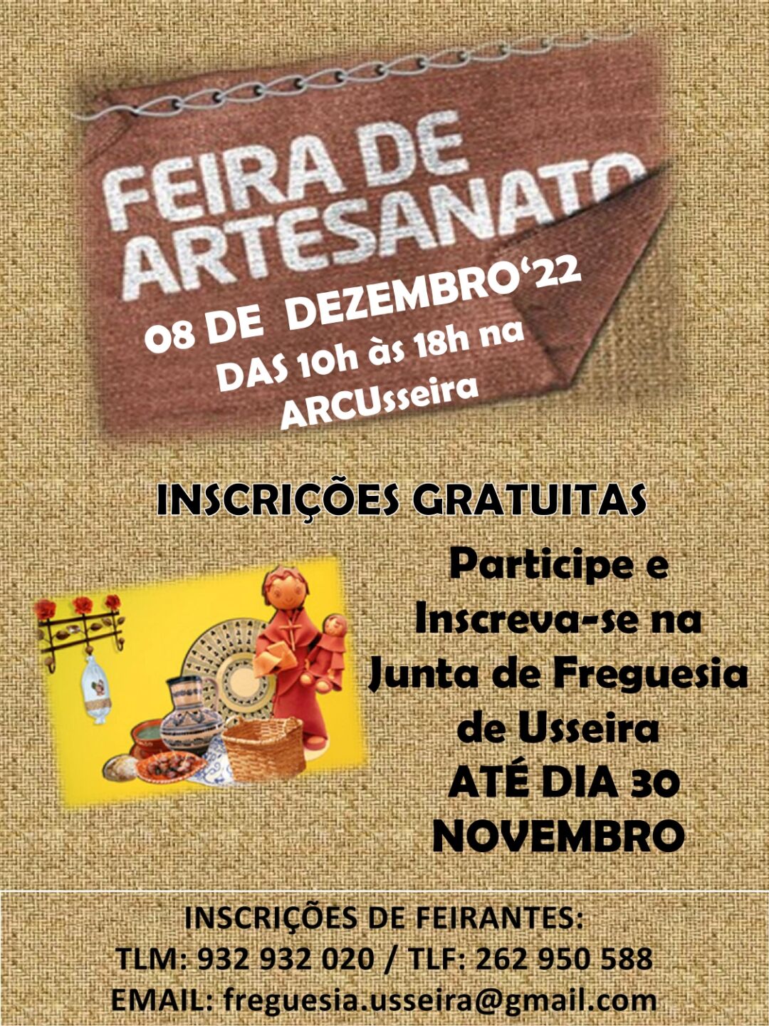 Cartaz da Feira de Artesanato na ARCUsseira, anunciada para 8 de dezembro de 2022, das 10h às 18h. As inscrições são gratuitas e decorrem na Junta de Freguesia de Usseira até 30 de novembro.