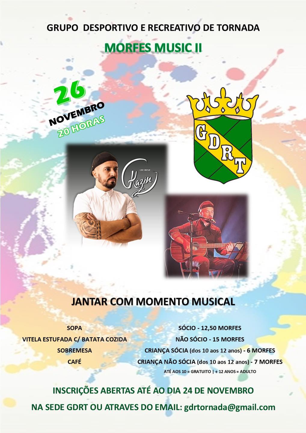 Cartaz do Grupo Desportivo e Recreativo de Tornada para um jantar com momento musical, marcado para 26 de novembro às 20 horas. As inscrições estão abertas até 24 de novembro.