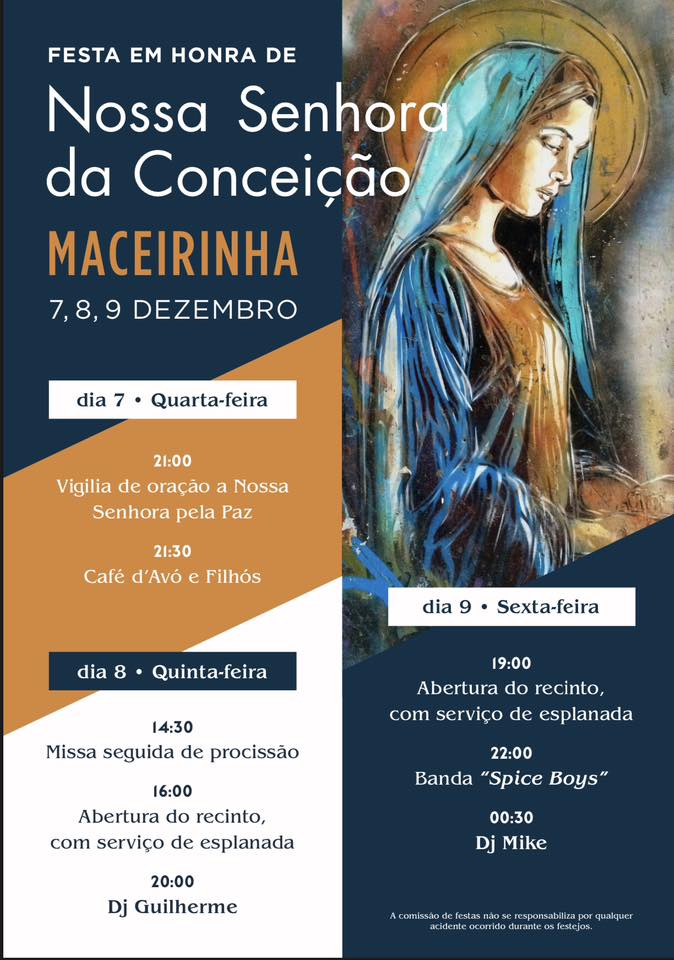 Cartaz da festa em honra de Nossa Senhora da Conceição, em Maceirinha, nos dias 7, 8 e 9 de dezembro. O programa inclui vigília de oração, missa e procissão, além de atuações musicais.