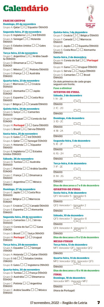 Calendário completo do Mundial 2022 no Qatar