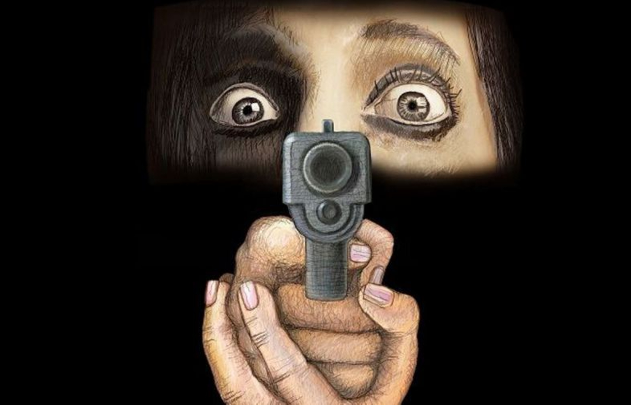 ilustração de mulher com rosto tapado a apontar uma arma