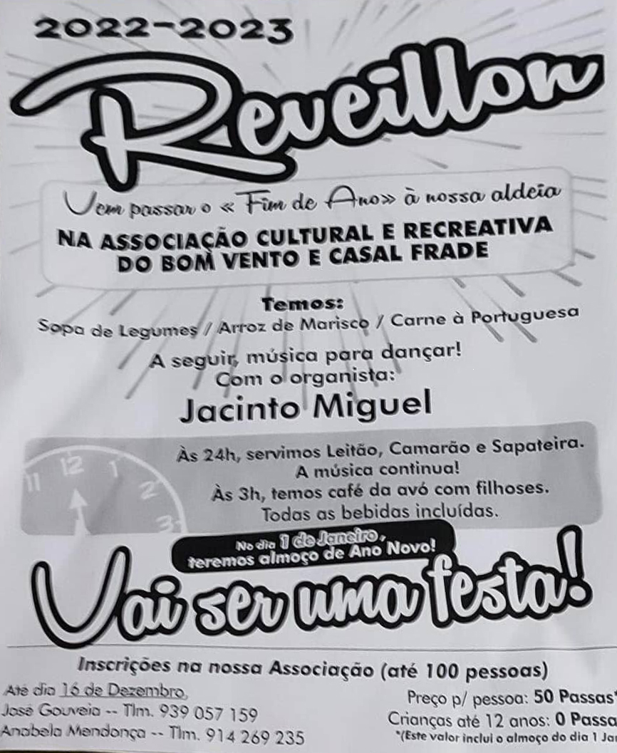 Cartaz de divulgação do réveillon de 2022–2023 na Associação Cultural e Recreativa do Bom Vento e Casal Frade. Anuncia jantar, música para dançar e inscrições para a festa.