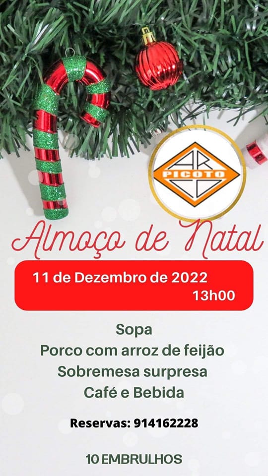 Cartaz de um almoço de Natal do Picoto, marcado para 11 de dezembro de 2022, às 13h00. Apresenta a ementa, um contacto para reservas e a indicação «10 embrulhos».