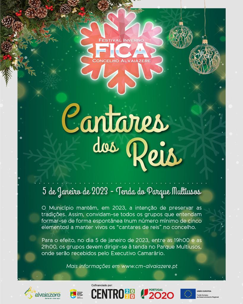 Cartaz do Festival Inverno FICA, no concelho de Alvaiázere, a anunciar os Cantares dos Reis para 5 de janeiro de 2023, na Tenda do Parque Multiusos. Convida grupos de pelo menos cinco elementos a participar entre as 19h00 e as 21h00.