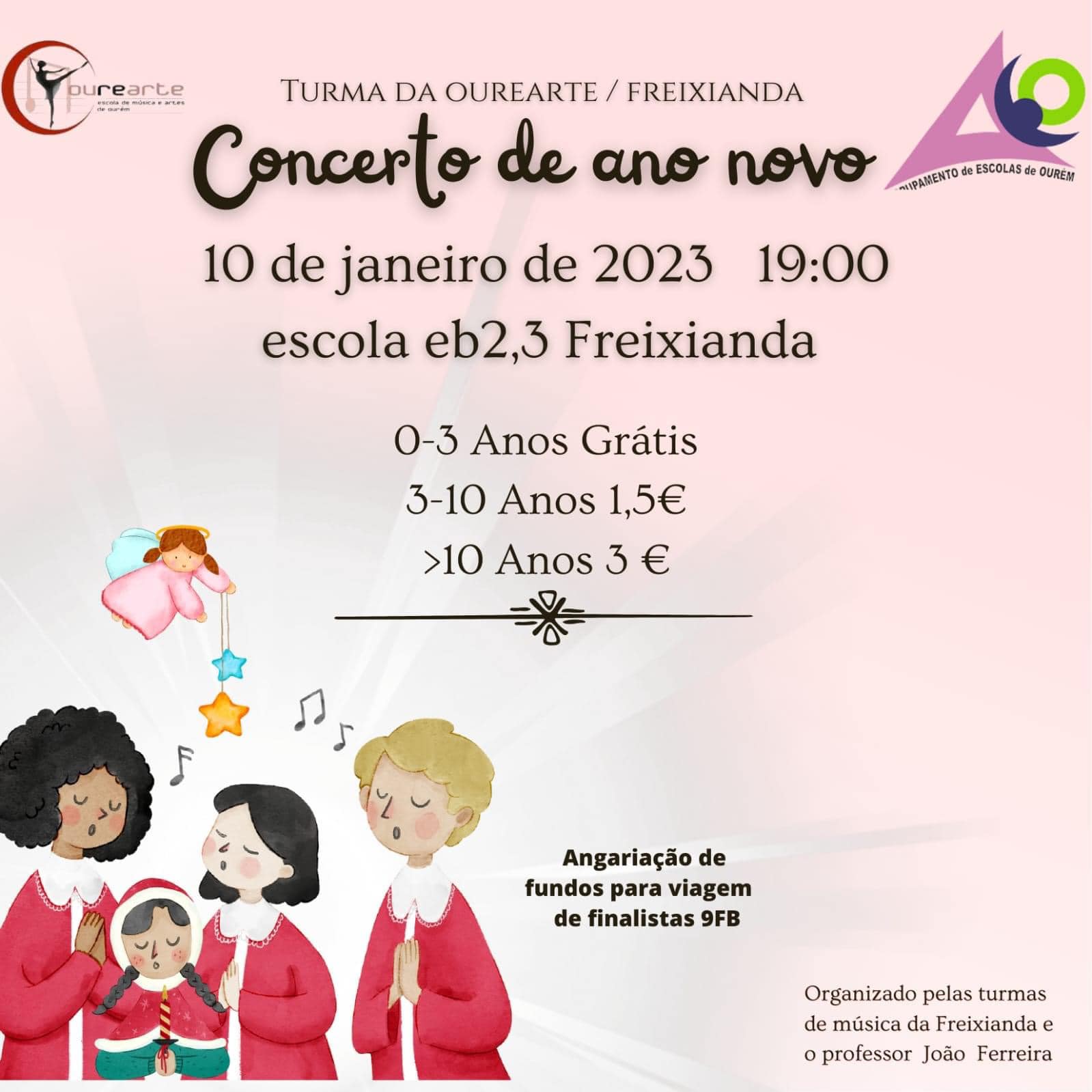 Cartaz de um concerto de Ano Novo da turma da Ourearte/Freixianda, marcado para 10 de janeiro de 2023, às 19h00, na Escola EB 2,3 de Freixianda. O evento visa angariar fundos para a viagem dos finalistas do 9.º B.