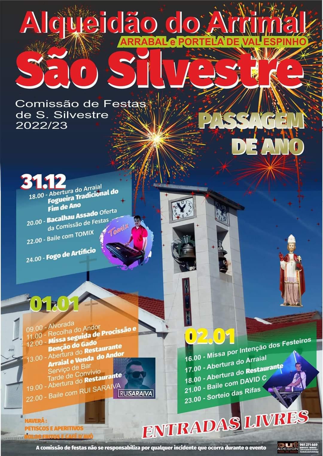 Cartaz da passagem de ano 2022/23 em São Silvestre, com arraial, celebrações religiosas, bailes e fogo de artifício. A programação decorre de 31 de dezembro a 2 de janeiro e anuncia entrada livre.