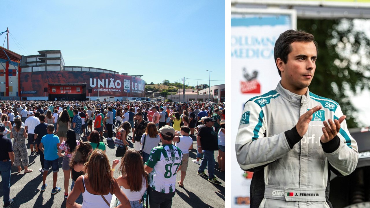 Montagem com a fotografia da lona da união de leiria no estádio e com a fotografia do piloto joão ferreira