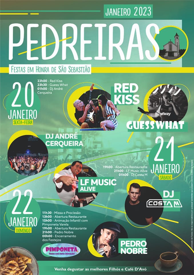 Cartaz das Festas em Honra de São Sebastião, em Pedreiras, com programação para 20 a 22 de janeiro de 2023. Anuncia música, missa, procissão e atividades infantis.