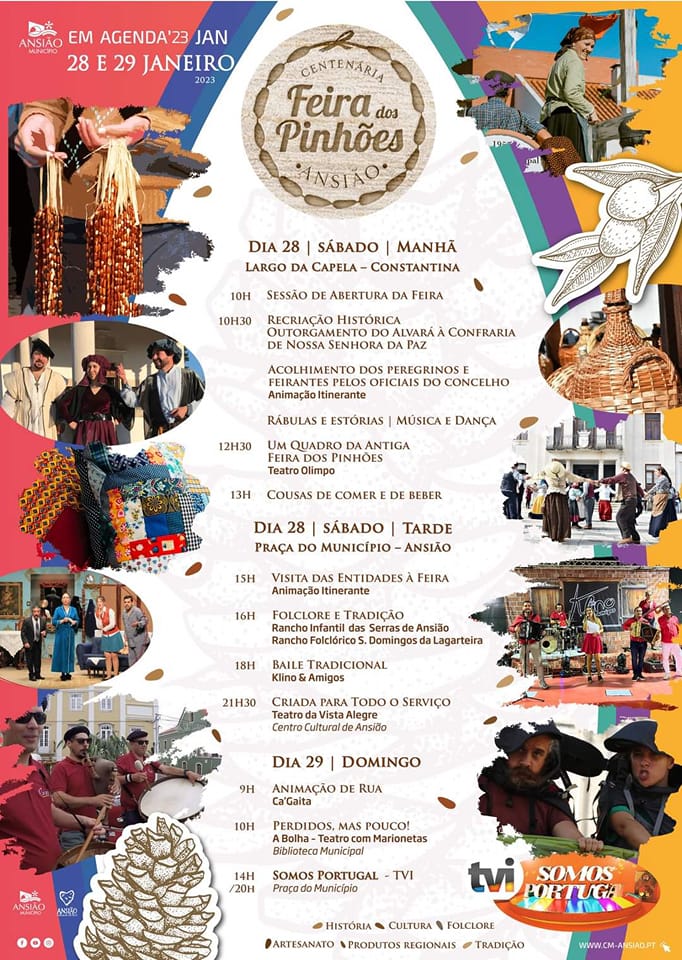 Cartaz do programa da Feira dos Pinhões, em Ansião, nos dias 28 e 29 de janeiro de 2023. Anuncia recriações históricas, folclore, teatro e gastronomia.