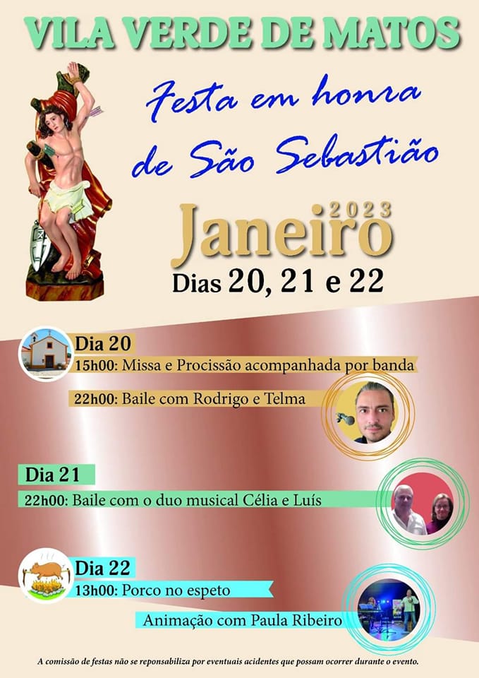 Cartaz da festa em honra de São Sebastião, em Vila Verde de Maios, nos dias 20, 21 e 22 de janeiro de 2023. O programa anuncia missa, procissão, bailes, porco no espeto e animação musical.