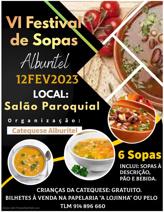 Cartaz do VI Festival de Sopas em Alburitel, anunciado para 12 de fevereiro de 2023 no Salão Paroquial. A organização é da Catequese de Alburitel.