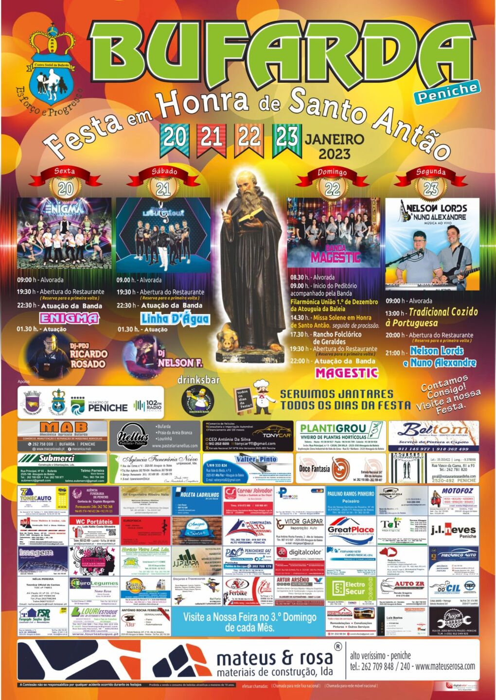 Cartaz da Festa em Honra de Santo Antão, em Bufarda, Peniche, de 20 a 23 de janeiro de 2023. Apresenta o programa religioso, atuações musicais e patrocinadores.