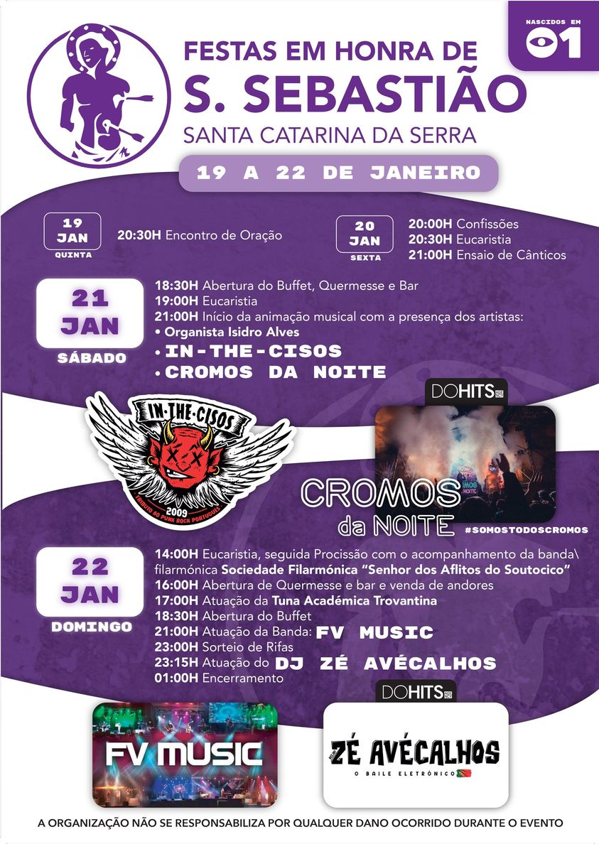 Cartaz das festas em honra de S. Sebastião, em Santa Catarina da Serra, de 19 a 22 de janeiro. O programa inclui celebrações religiosas, procissão, música e quermesse.