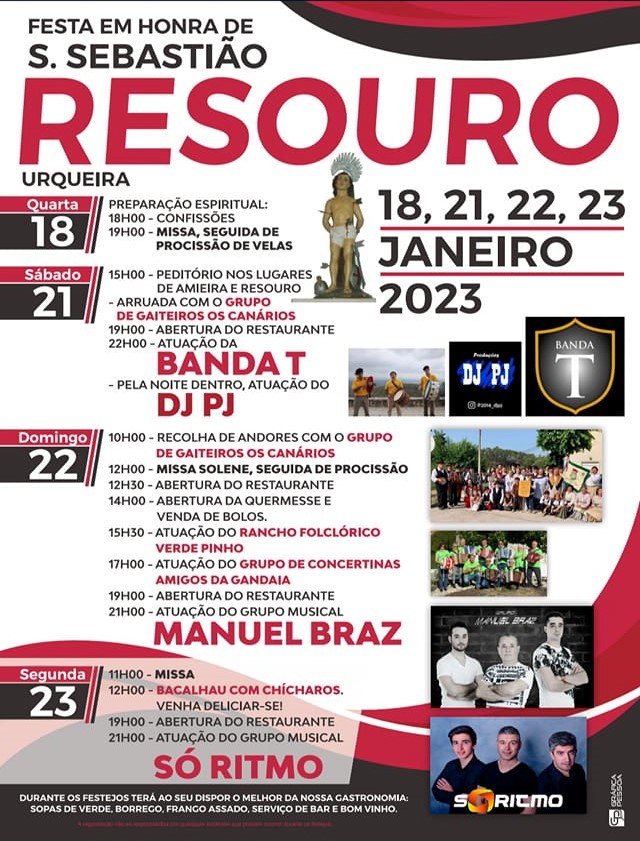 Cartaz da Festa em Honra de S. Sebastião, em Resouro, Urqueira, com programa para 18, 21, 22 e 23 de janeiro de 2023. Anuncia celebrações religiosas, gastronomia e atuações musicais.