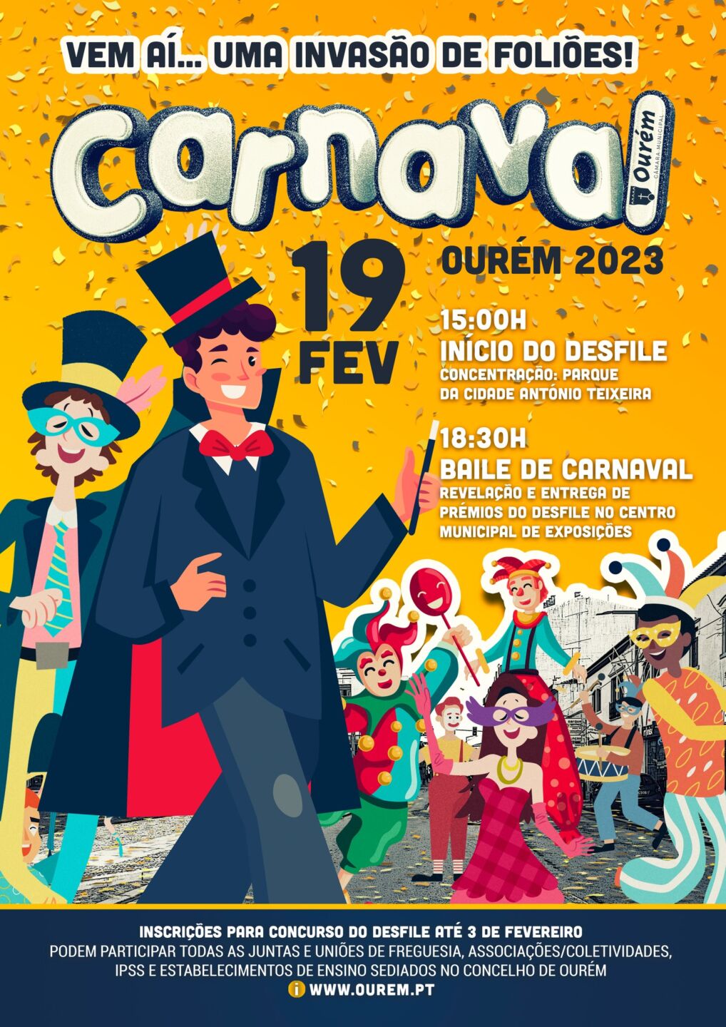Cartaz do Carnaval de Ourém 2023, marcado para 19 de fevereiro. Anuncia um desfile às 15h00 e um baile de Carnaval às 18h30.