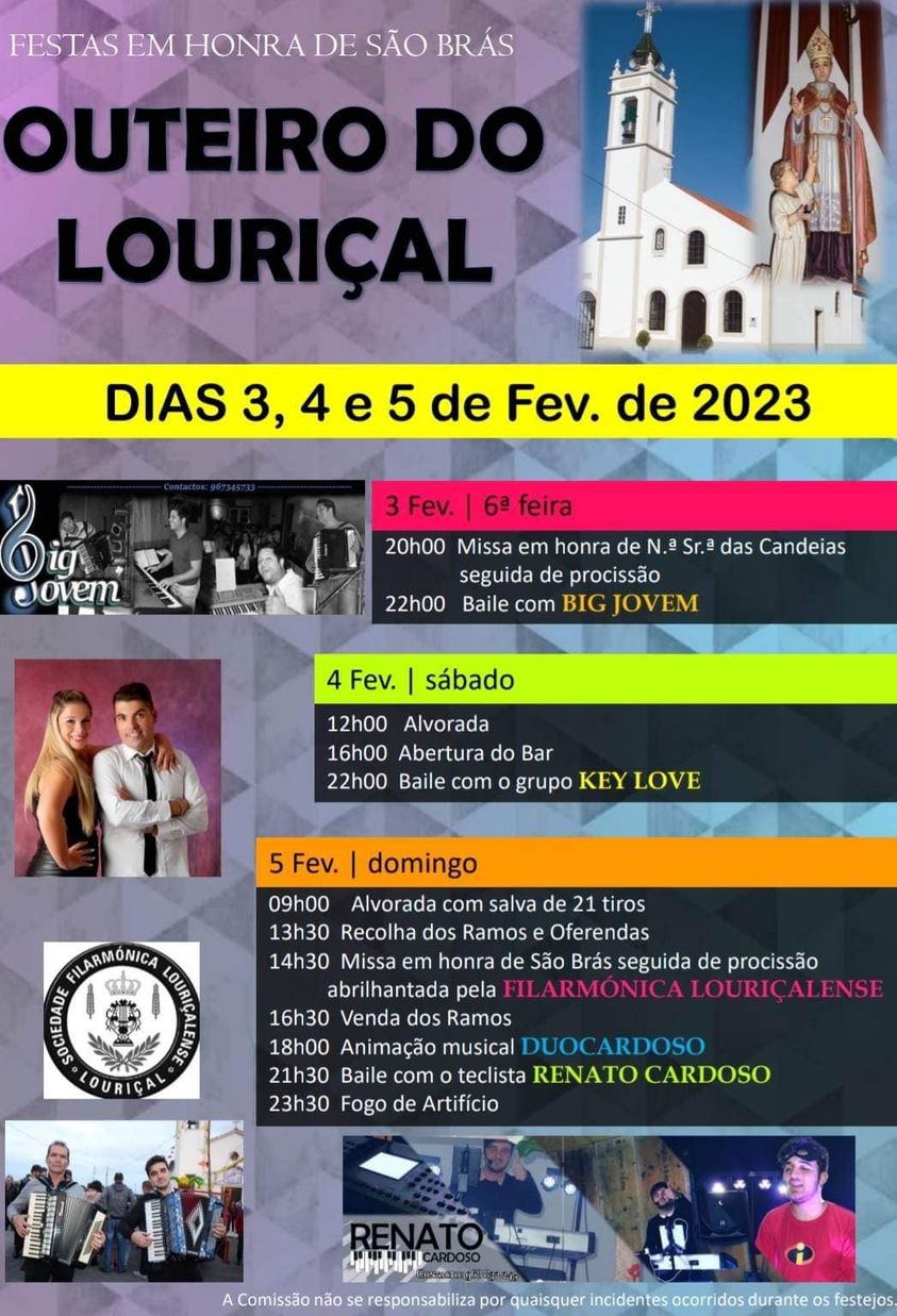 Cartaz das festas em honra de São Brás, em Outeiro do Lourical, de 3 a 5 de fevereiro de 2023. Apresenta o programa religioso e musical, com missas, procissões, bailes e fogo de artifício.