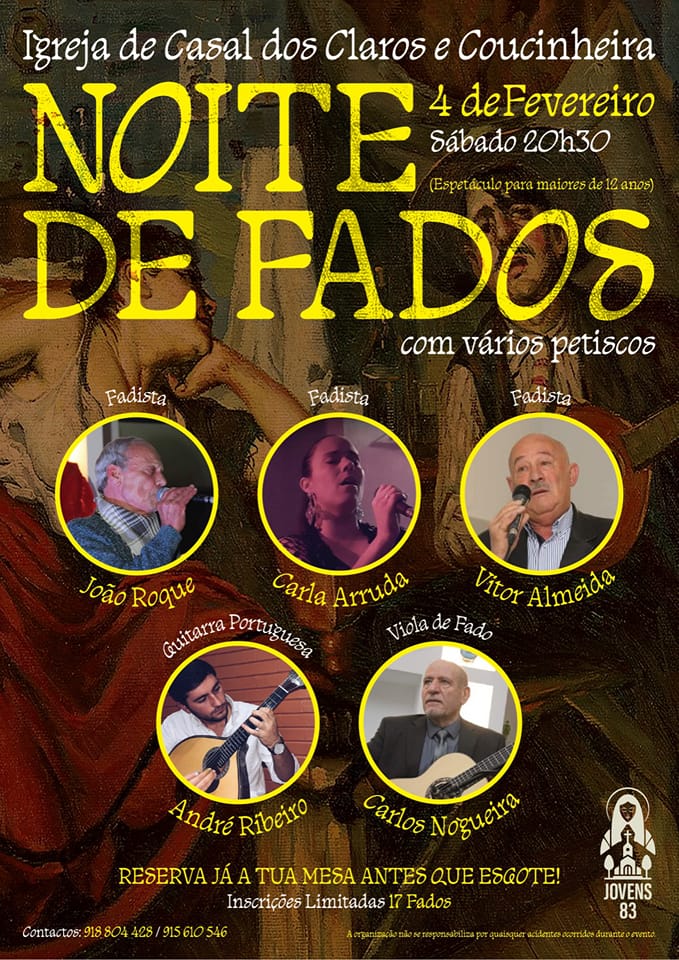 Cartaz de uma Noite de Fados na Igreja de Casal dos Claros e Coucinheira, marcada para 4 de fevereiro, às 20h30. Anuncia três fadistas e dois instrumentistas, com petiscos e reserva de mesa.