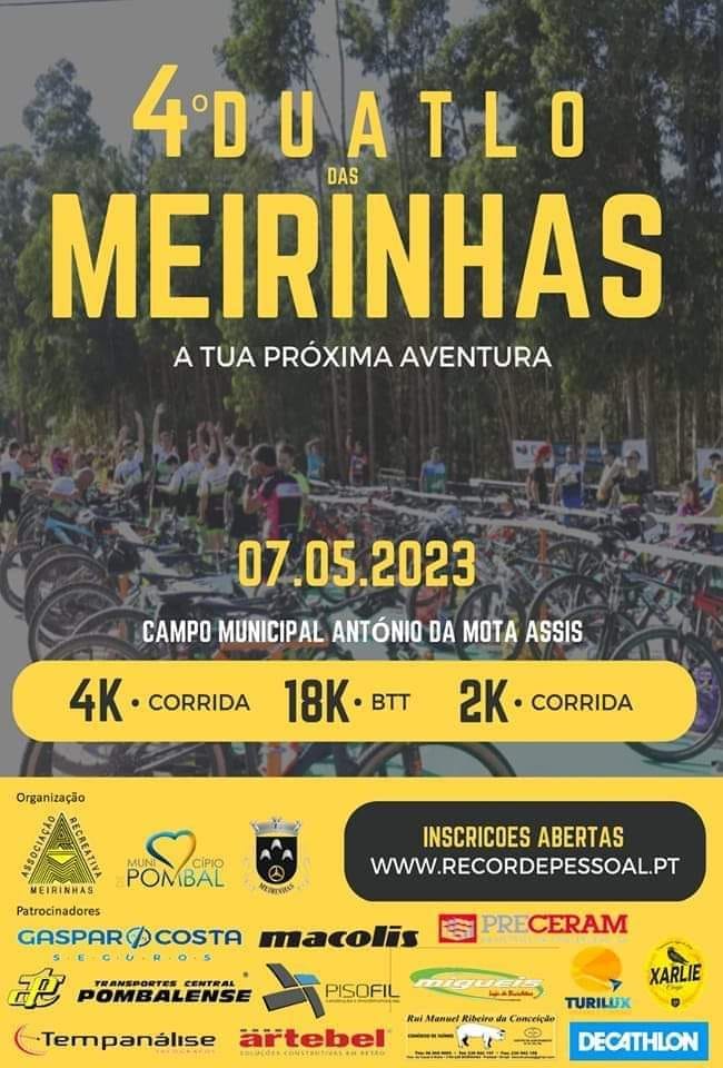 Cartaz da 4.ª edição do Duatlo das Meirinhas, marcada para 7 de maio de 2023 no Campo Municipal António da Mota Assis. Anuncia provas de corrida e BTT e indica que as inscrições estão abertas.