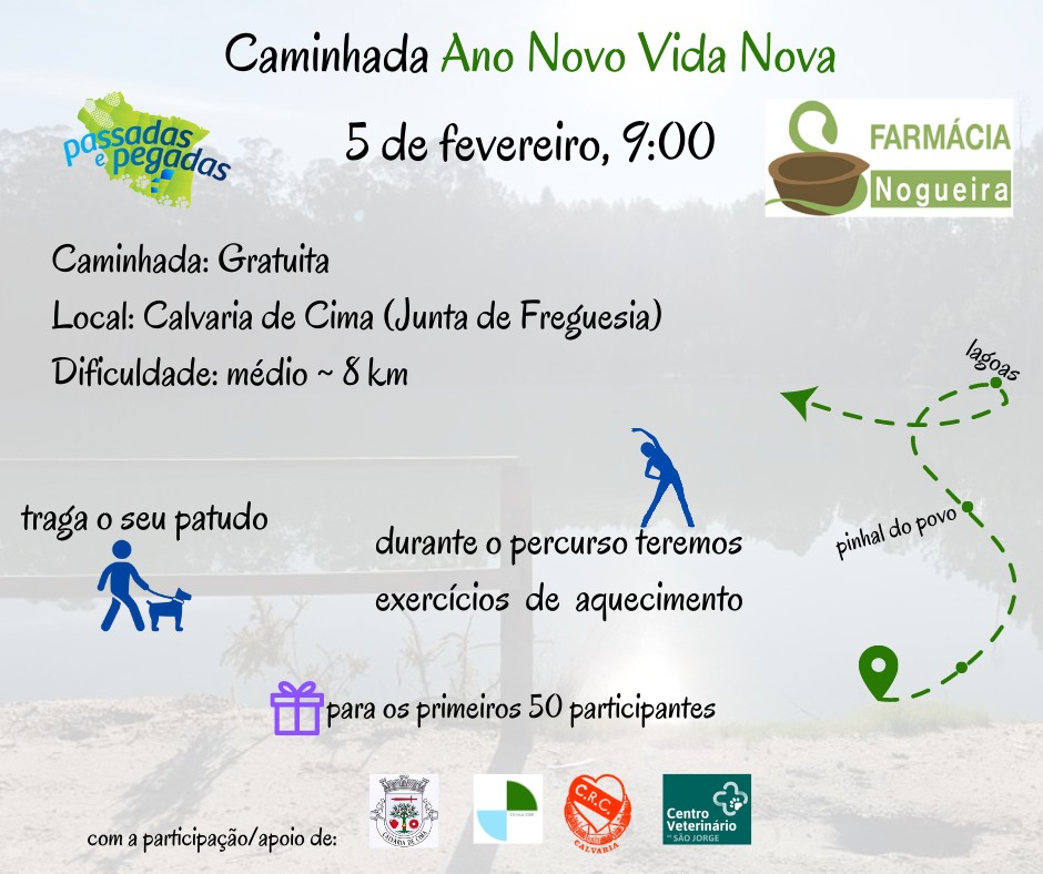 Cartaz de divulgação da caminhada gratuita «Ano Novo Vida Nova», marcada para 5 de fevereiro às 9:00, com partida em Calvaria de Cima. O percurso anunciado tem cerca de 8 km e dificuldade média.