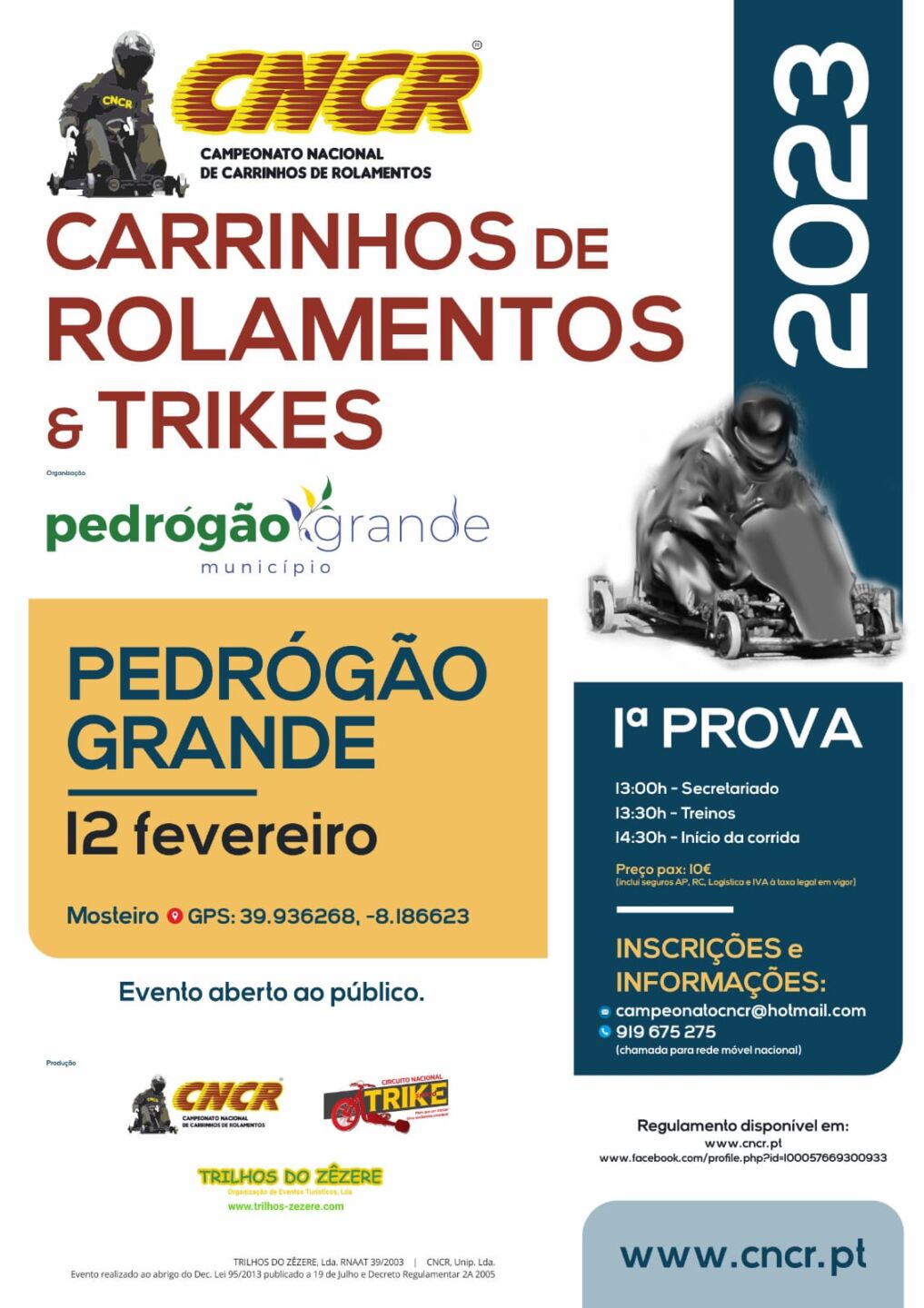 Cartaz da 1.ª prova de carrinhos de rolamentos e trikes do CNCR, em Pedrógão Grande, anunciada para 12 de fevereiro de 2023. O evento é apresentado como aberto ao público.