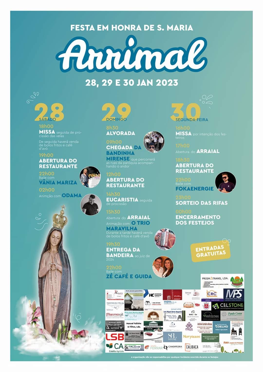 Cartaz da festa em honra de S. Maria, em Arrimal, nos dias 28, 29 e 30 de janeiro de 2023. O programa anuncia celebrações religiosas, arraial, bailes, restaurante e sorteio de rifas.