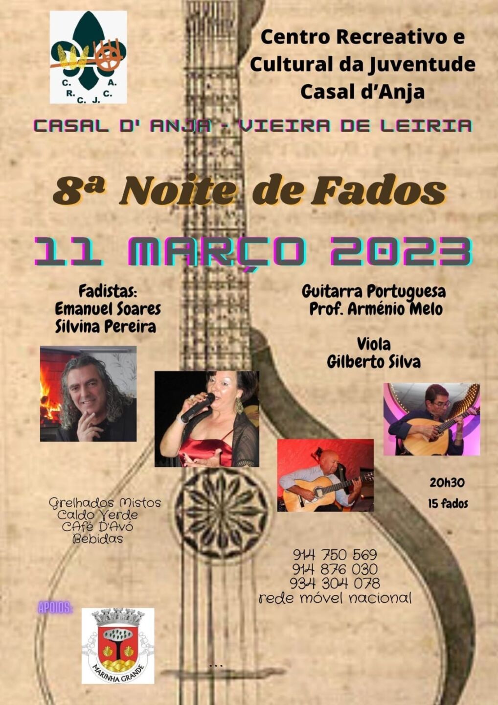 Cartaz da 8.ª Noite de Fados, anunciada para 11 de março de 2023 em Casal d’Anja, Vieira de Leiria. Apresenta os fadistas e músicos participantes, o horário e informações sobre comida e bebidas.