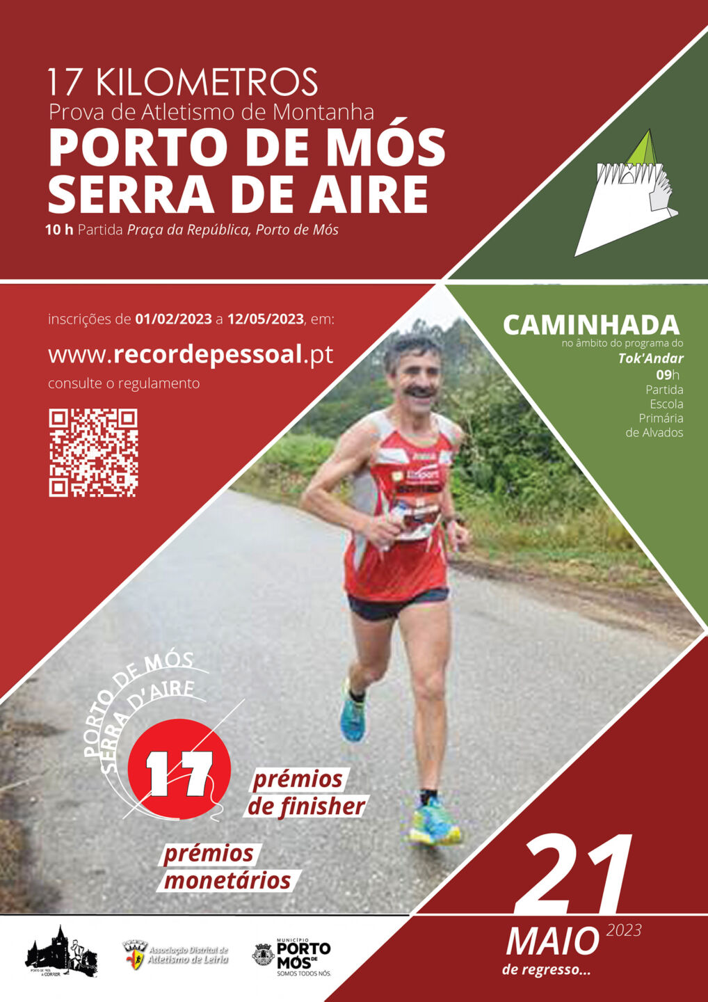 Cartaz de uma prova de atletismo de montanha de 17 quilómetros entre Porto de Mós e a Serra de Aire, marcada para 21 de maio de 2023. Inclui uma fotografia de um corredor, informações sobre inscrições e uma caminhada associada.