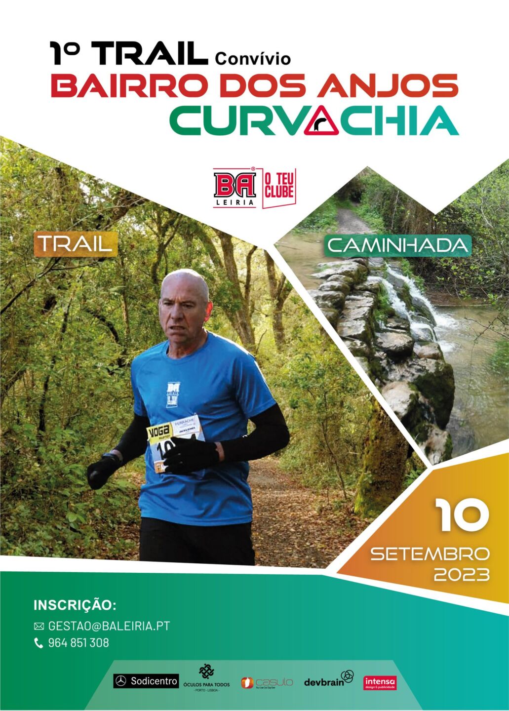 Cartaz do 1.º Trail Convívio Bairro dos Anjos, em Curvachia, com modalidades de trail e caminhada. Anuncia o evento para 10 de setembro de 2023 e mostra um corredor num trilho e uma passagem sobre um curso de água.
