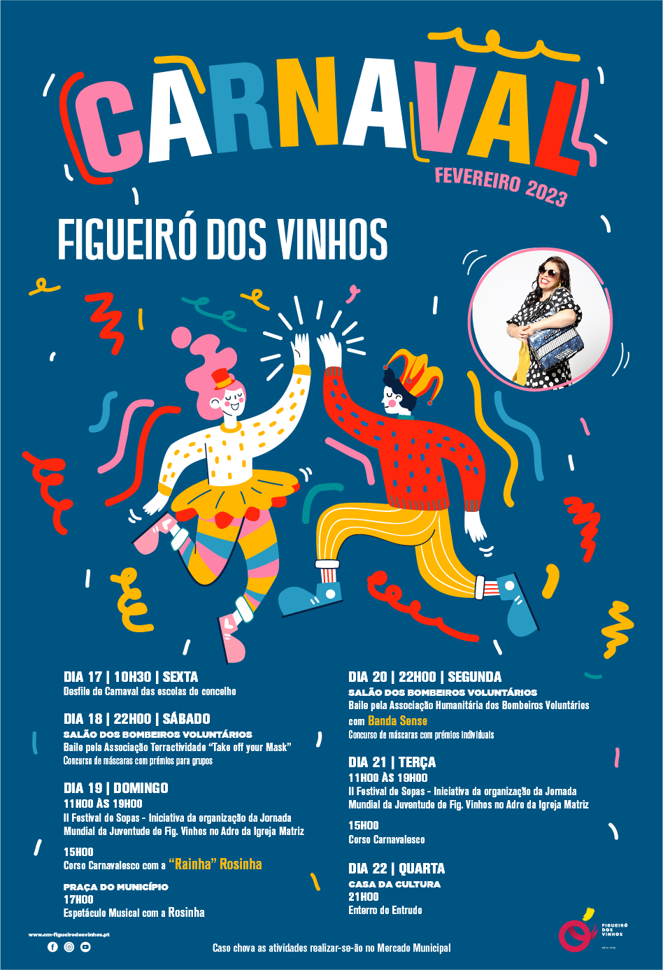 Cartaz do Carnaval de Figueiró dos Vinhos de fevereiro de 2023. Apresenta o programa de desfiles, bailes, espetáculos e outras atividades entre os dias 17 e 22.