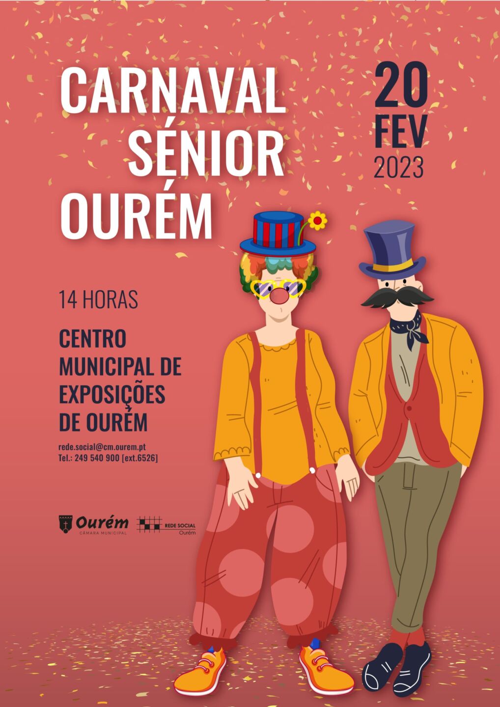 Cartaz do Carnaval Sénior de Ourém, anunciado para 20 de fevereiro de 2023, às 14 horas, no Centro Municipal de Exposições de Ourém. A imagem mostra duas figuras carnavalescas ilustradas.
