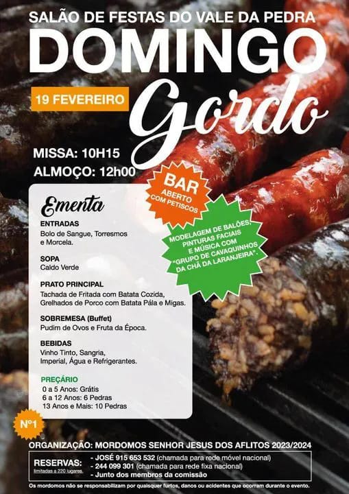 Cartaz de um domingo gordo no Salão de Festas do Vale da Pedra, a 19 de fevereiro, com missa, almoço e bar. Apresenta a ementa, os preços e as informações para reservas.