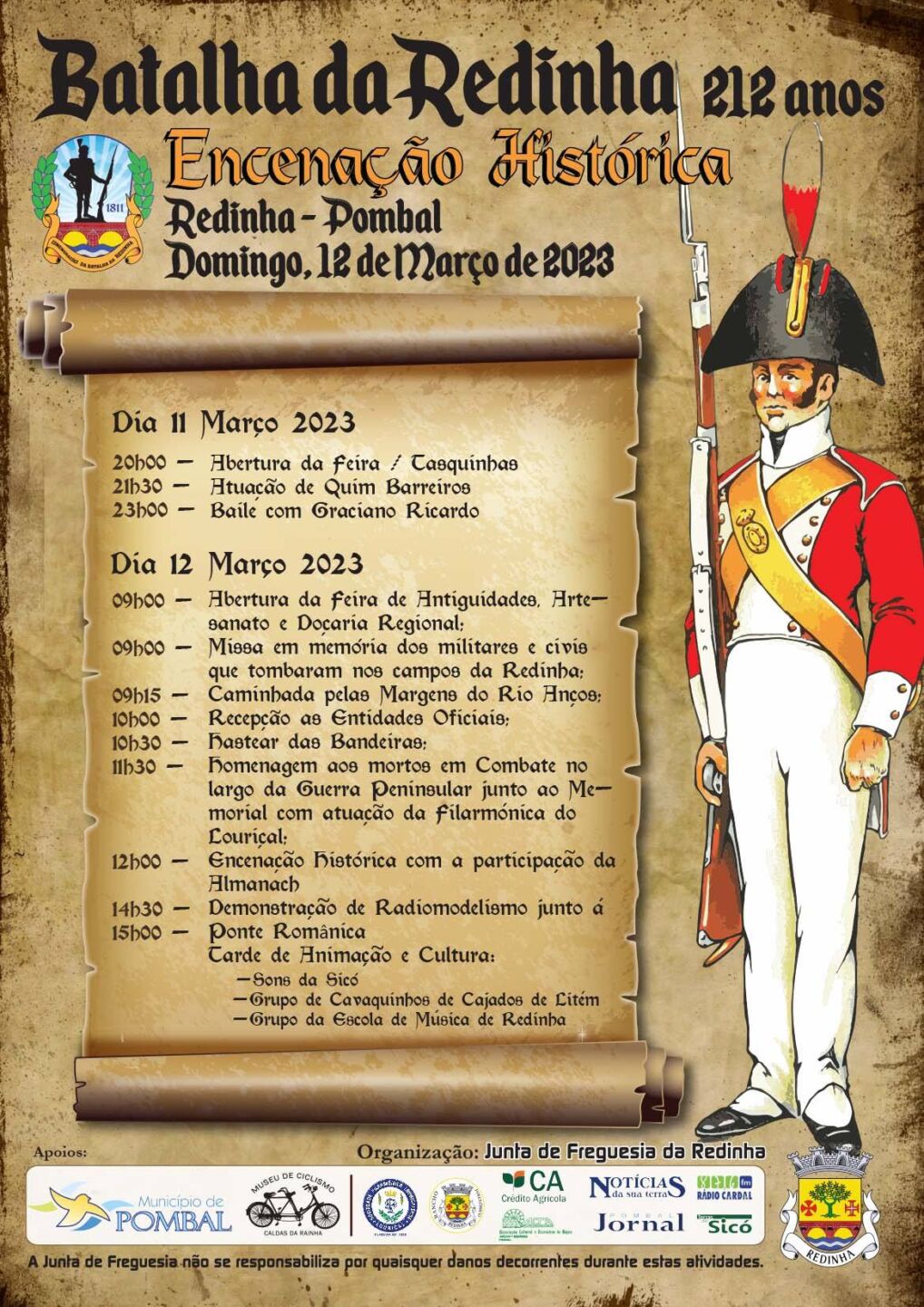 Cartaz da encenação histórica da Batalha da Redinha, realizada na Redinha, concelho de Pombal, em 11 e 12 de março de 2023. Apresenta o programa de uma feira, cerimónias evocativas e atividades culturais.