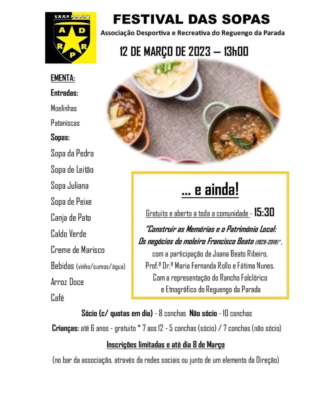 Cartaz do Festival das Sopas da Associação Desportiva e Recreativa do Reguengo da Parada, anunciado para 12 de março de 2023. Apresenta a ementa e uma sessão sobre as memórias e o património local dedicada aos negócios do moleiro Francisco Beato.