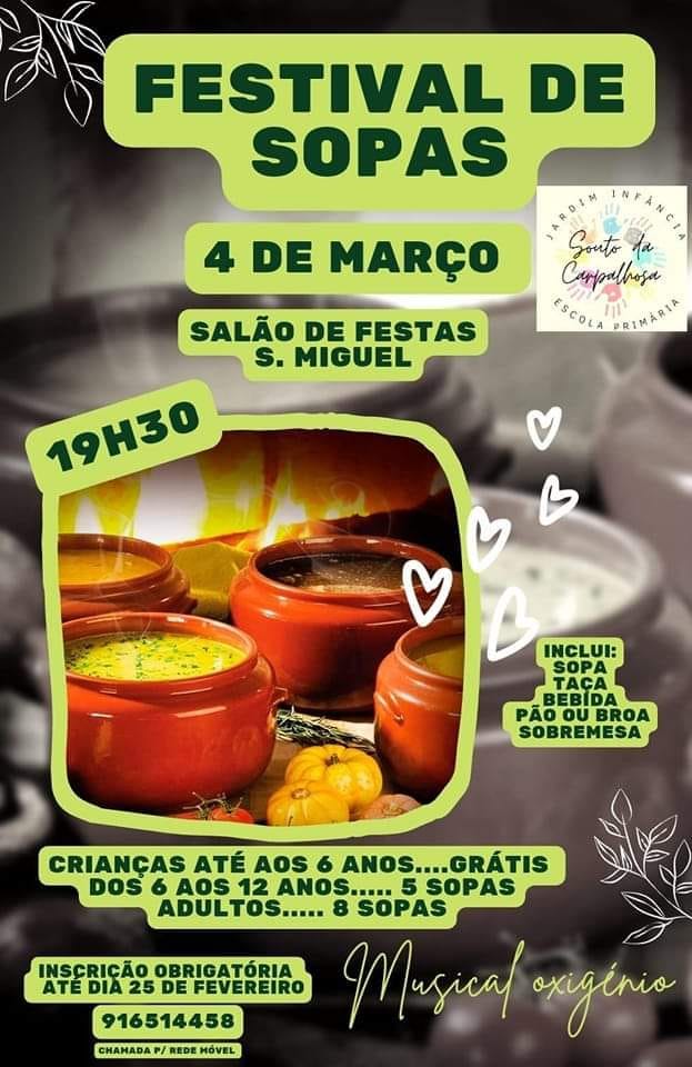 Cartaz de divulgação de um Festival de Sopas marcado para 4 de março, às 19h30, no Salão de Festas S. Miguel. Indica preços por faixa etária, o que está incluído e inscrição obrigatória até 25 de fevereiro.