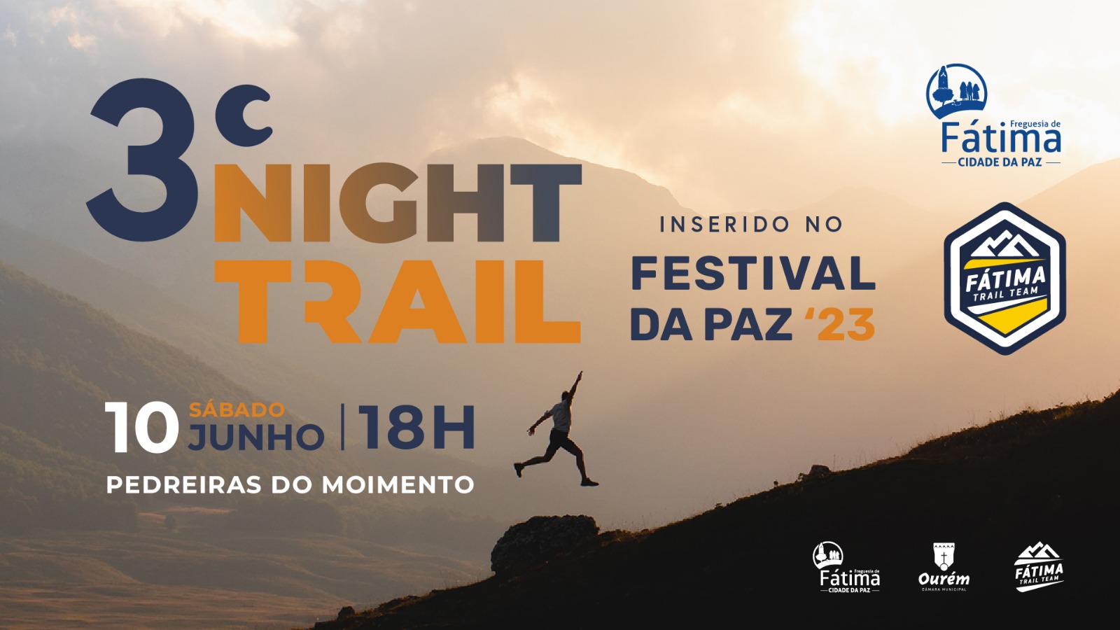 Cartaz da 3.ª Night Trail, inserida no Festival da Paz ’23. Anuncia a prova para sábado, 10 de junho, às 18h, nas Pedreiras do Moimento.