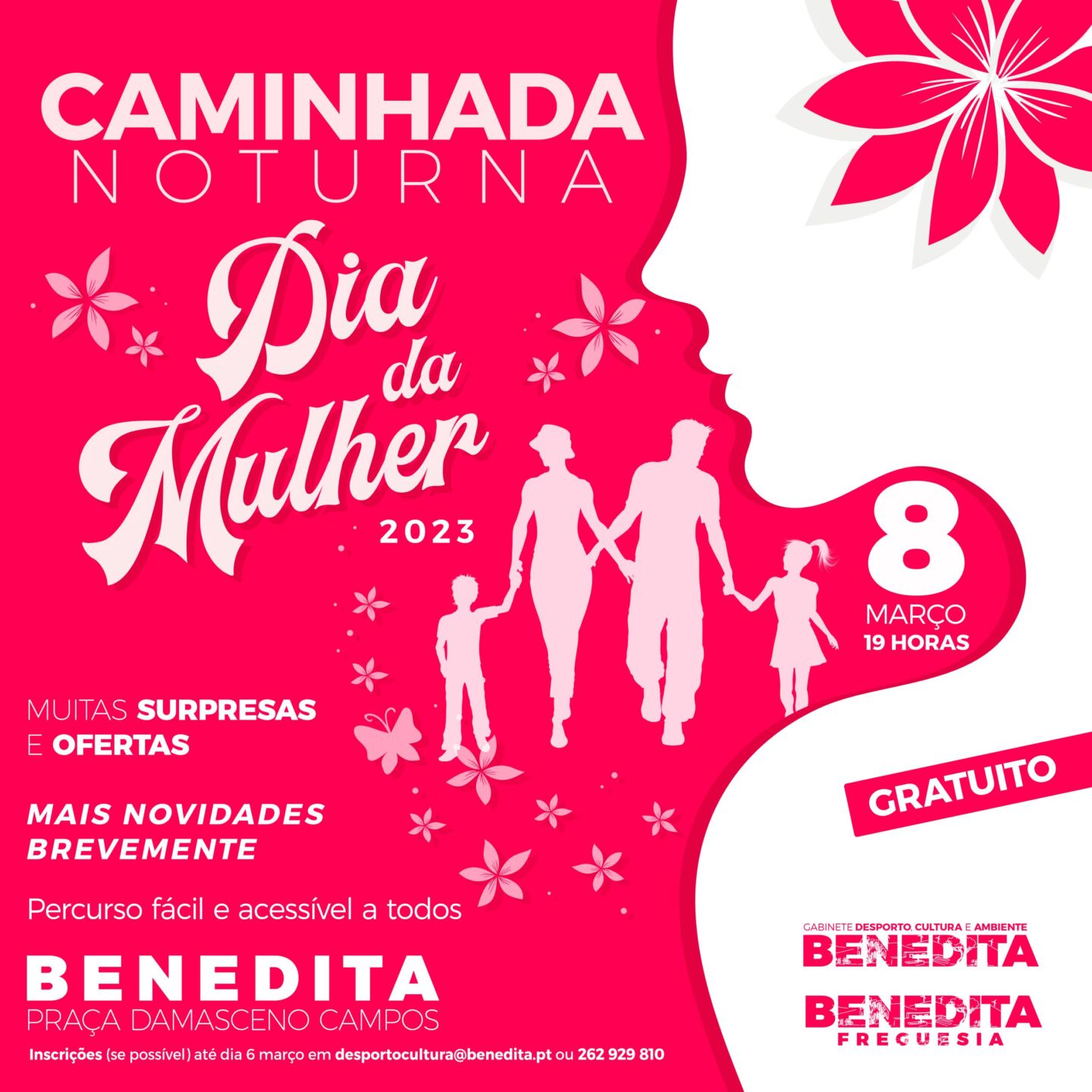 Cartaz da Caminhada Noturna do Dia da Mulher 2023, na Benedita, marcada para 8 de março às 19 horas. Anuncia participação gratuita, um percurso acessível, surpresas e ofertas.