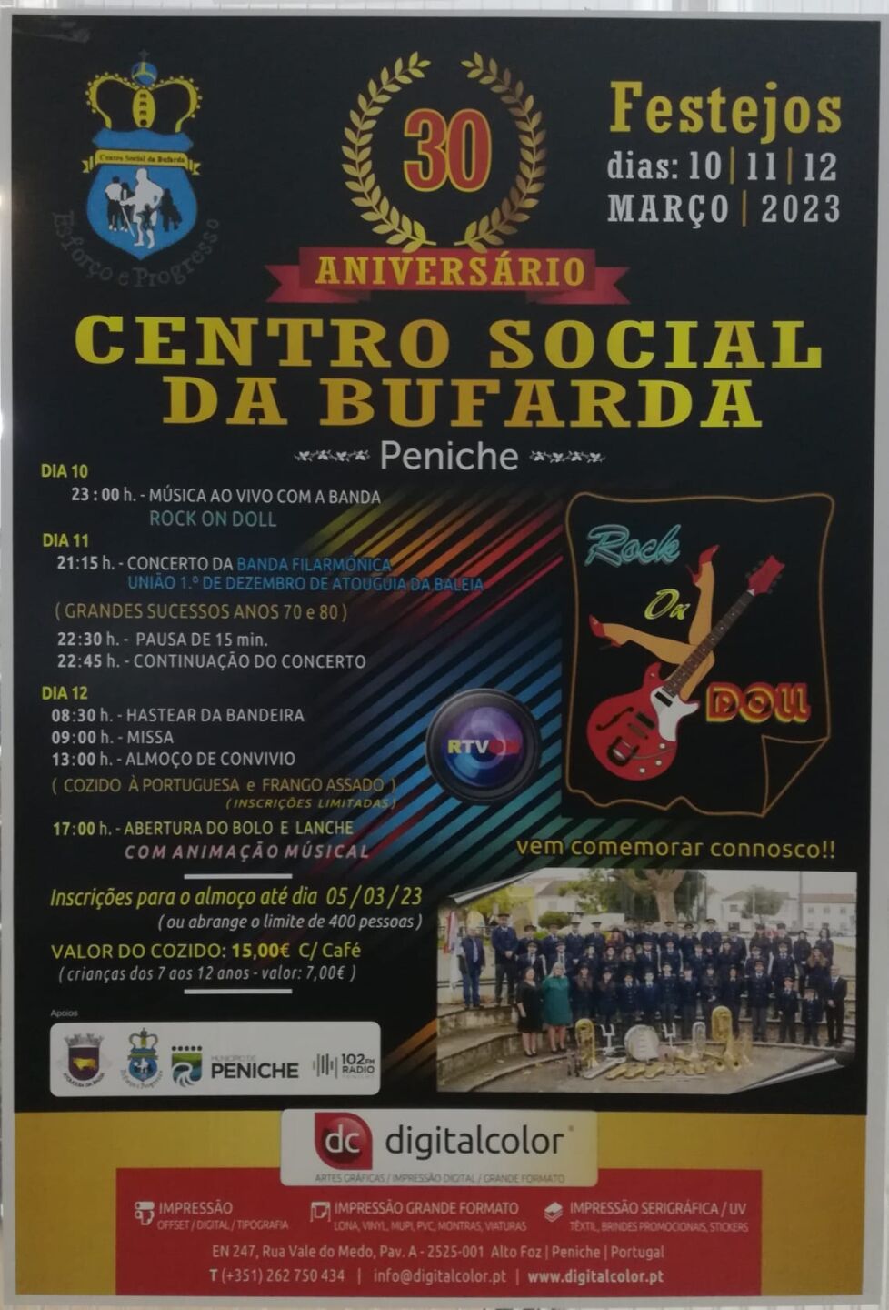 Cartaz do 30.º aniversário do Centro Social da Bufarda, em Peniche, com festejos anunciados para 10, 11 e 12 de março de 2023. O programa inclui música ao vivo, concerto, missa e almoço de convívio.