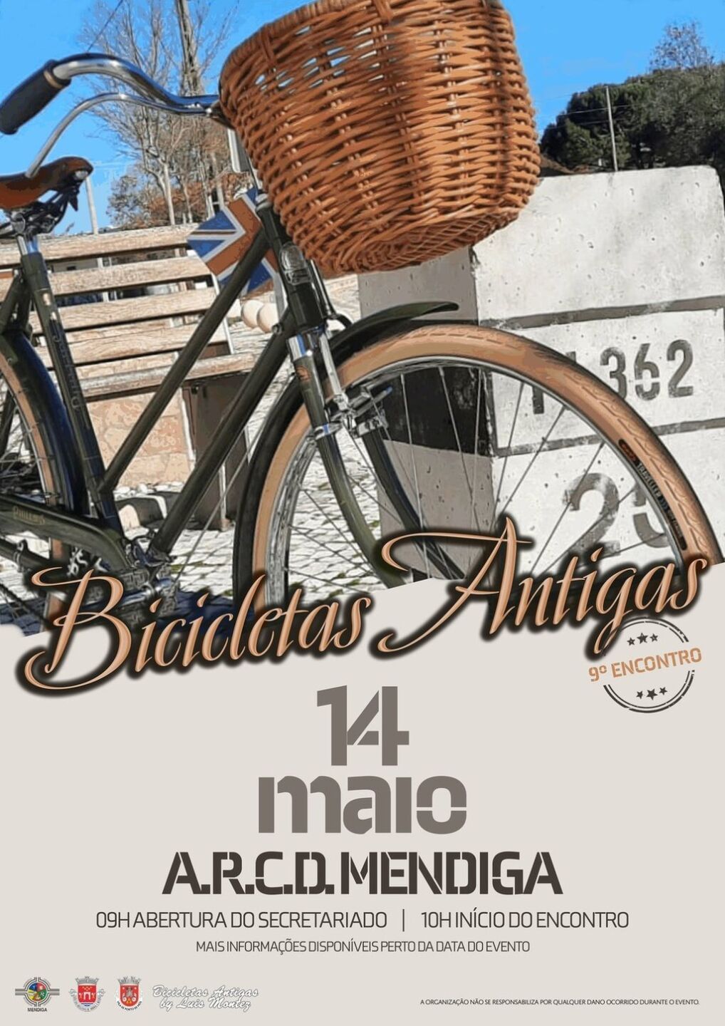 Cartaz do 9.º Encontro de Bicicletas Antigas, ilustrado com uma bicicleta de cesto. Anuncia o evento para 14 de maio, na A.R.C.D. Mendiga, com abertura do secretariado às 09h e início do encontro às 10h.