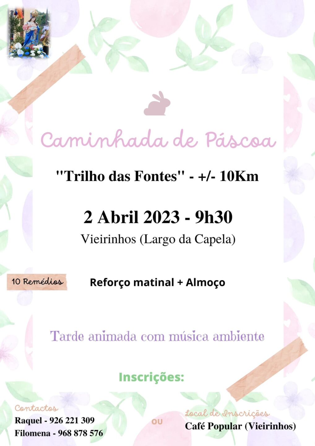 Cartaz de uma caminhada de Páscoa no Trilho das Fontes, com cerca de 10 km, marcada para 2 de abril de 2023, às 9h30, em Vieirinhos. Anuncia reforço matinal, almoço e música ambiente.
