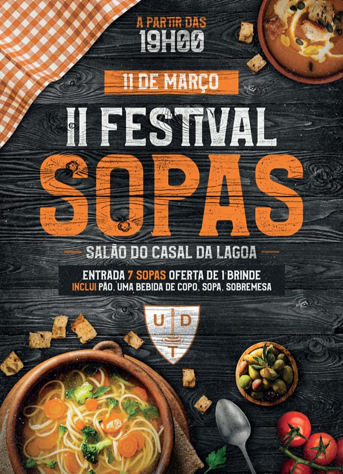 Cartaz do II Festival de Sopas, anunciado para 11 de março, a partir das 19h00, no Salão do Casal da Lagoa. Indica que a entrada inclui sete sopas e oferece um brinde.