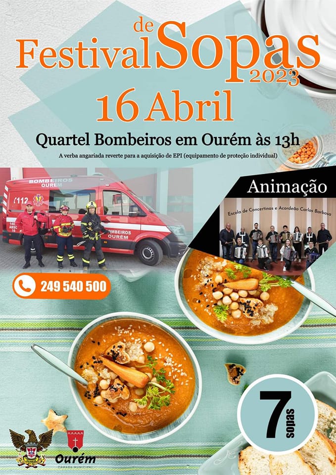Cartaz do Festival de Sopas 2023, marcado para 16 de abril, às 13h, no Quartel dos Bombeiros em Ourém. Anuncia sete sopas e indica que a receita angariada reverte para a aquisição de equipamento de proteção individual.